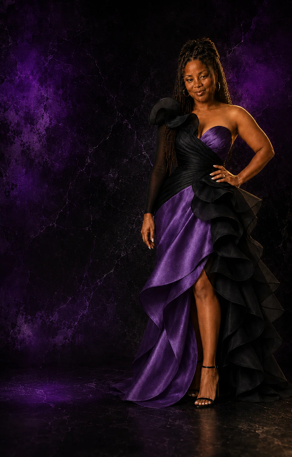 Soulé Soul in a purple and black ruffled gown against purple marble